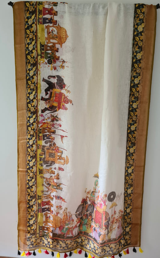 HANDWOVEN Linen by Linen white with Digital prints