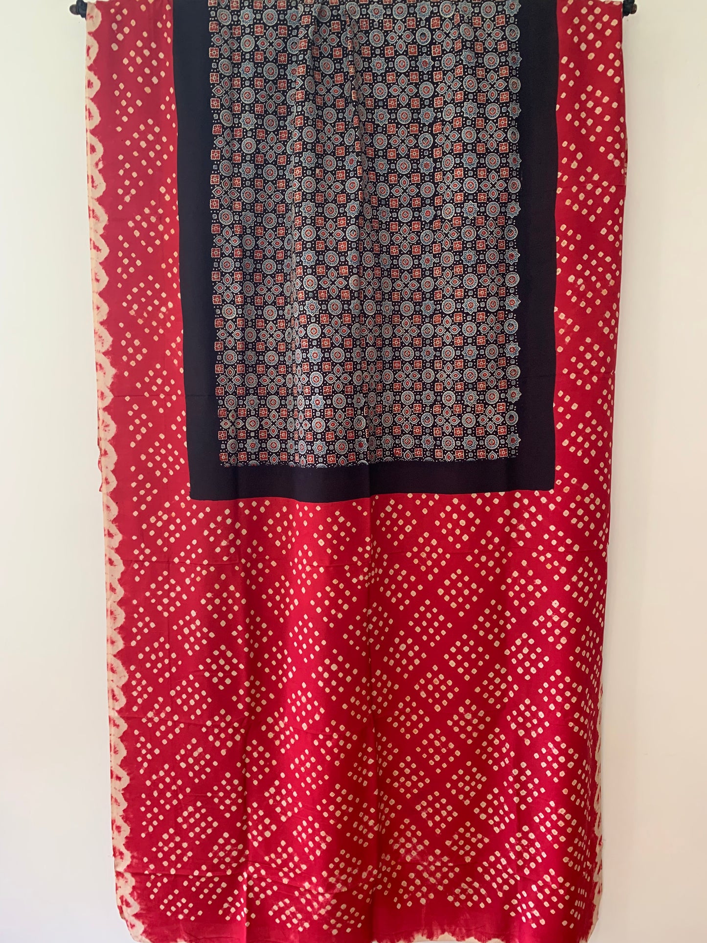 Ajrak Body with Red Bandhani Pallu & Blouse