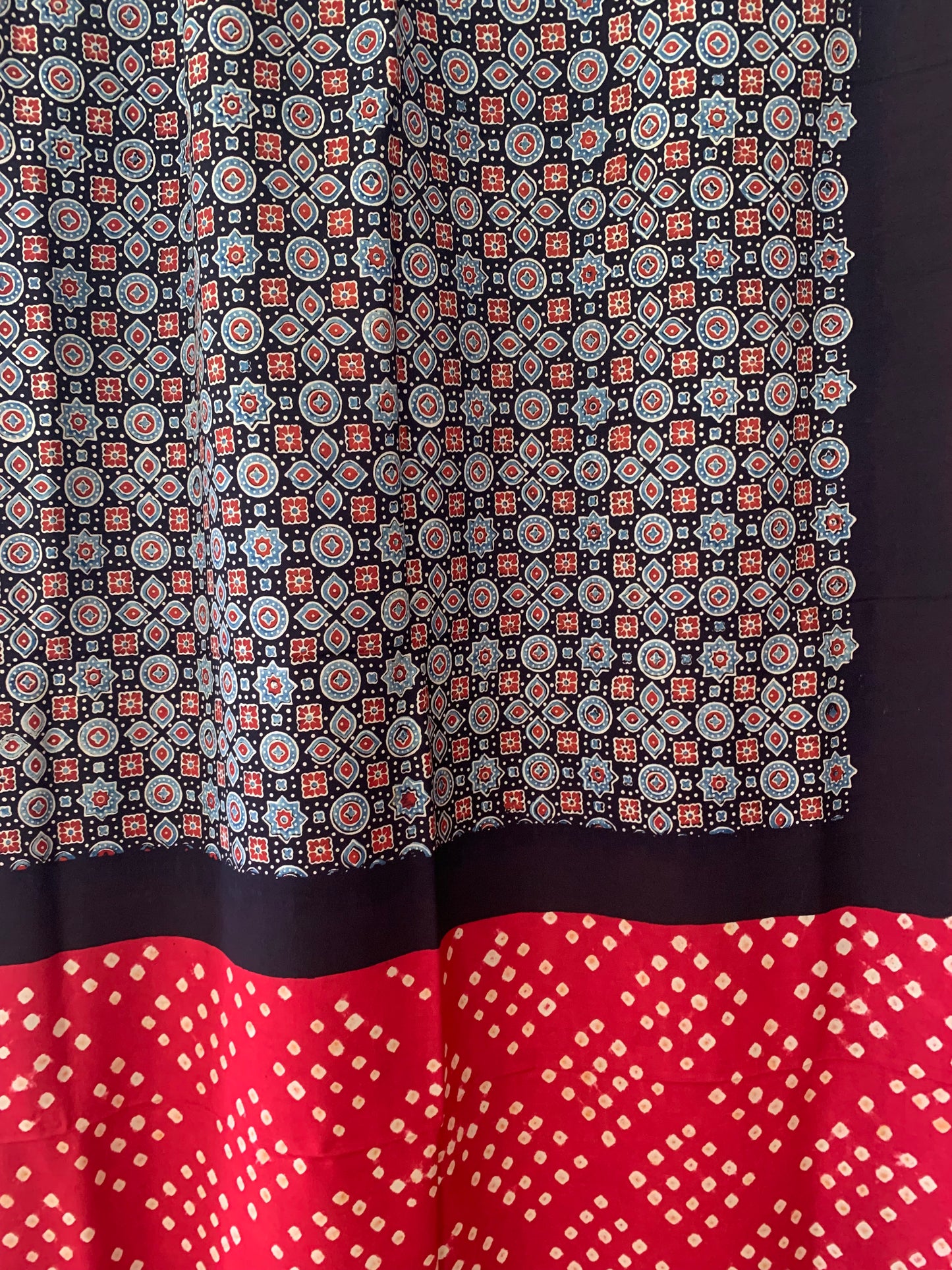 Ajrak Body with Red Bandhani Pallu & Blouse