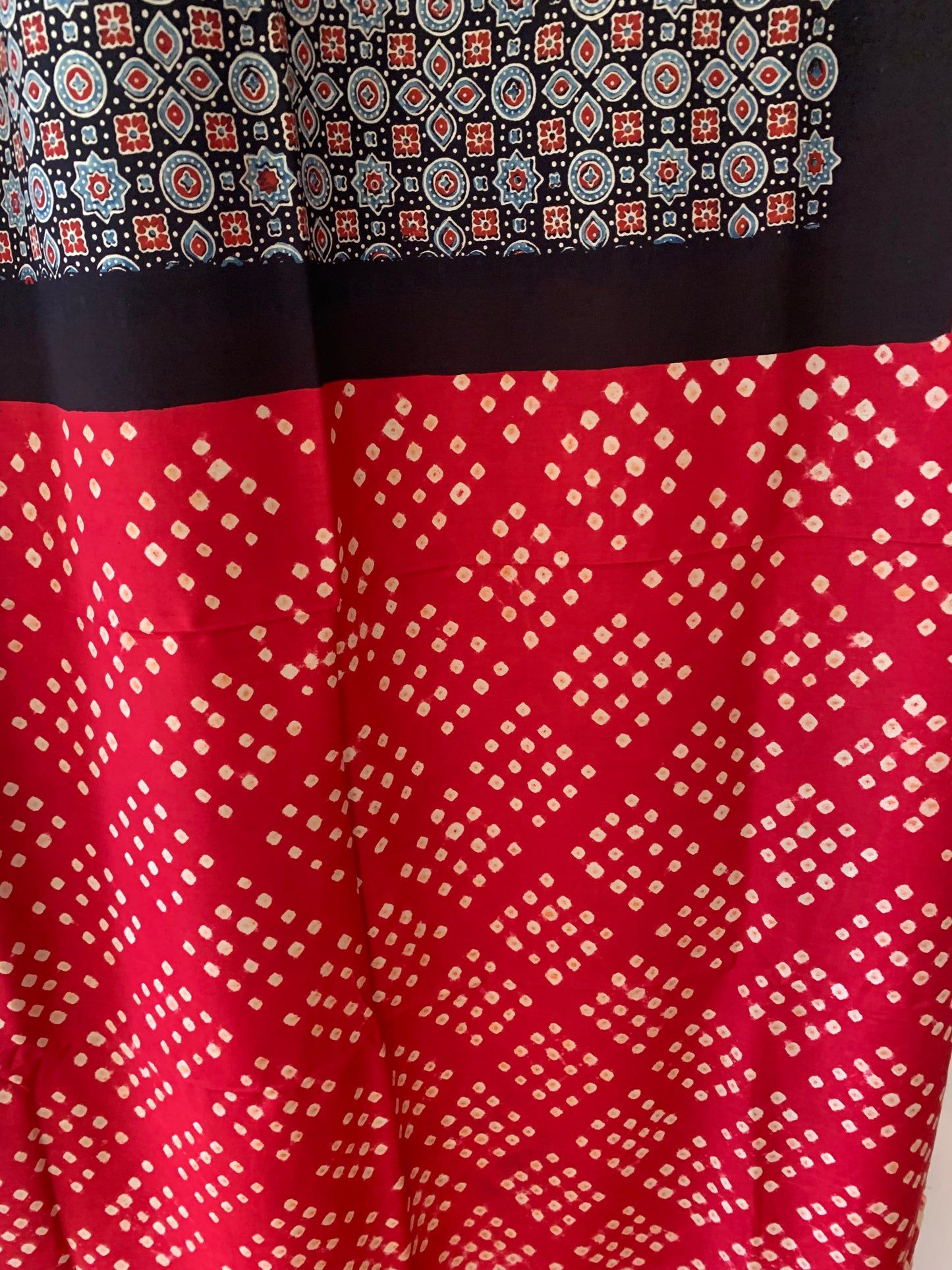 Ajrak Body with Red Bandhani Pallu & Blouse