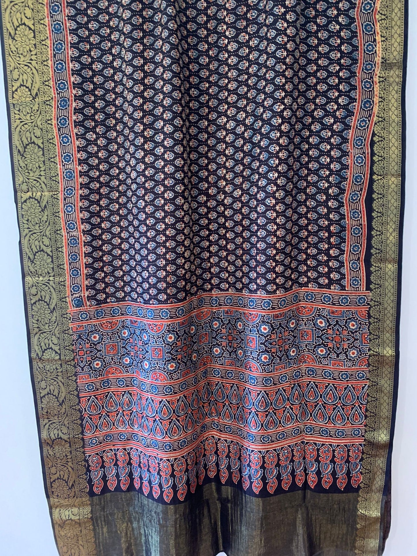 Black Ajrak on pure silk with zari border and pallu