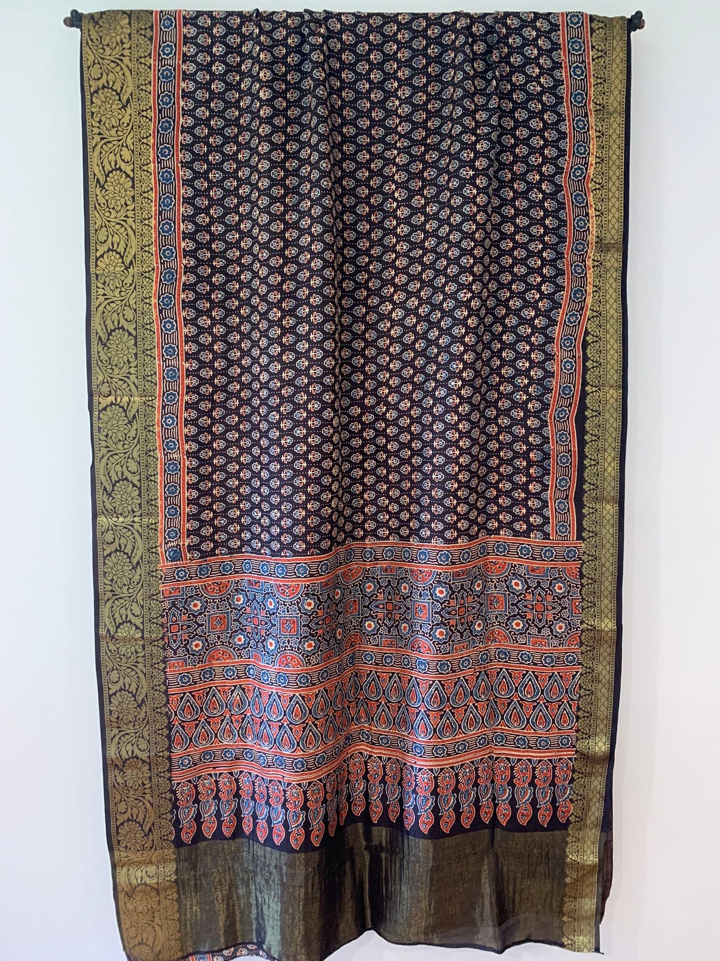 Black Ajrak on pure silk with zari border and pallu