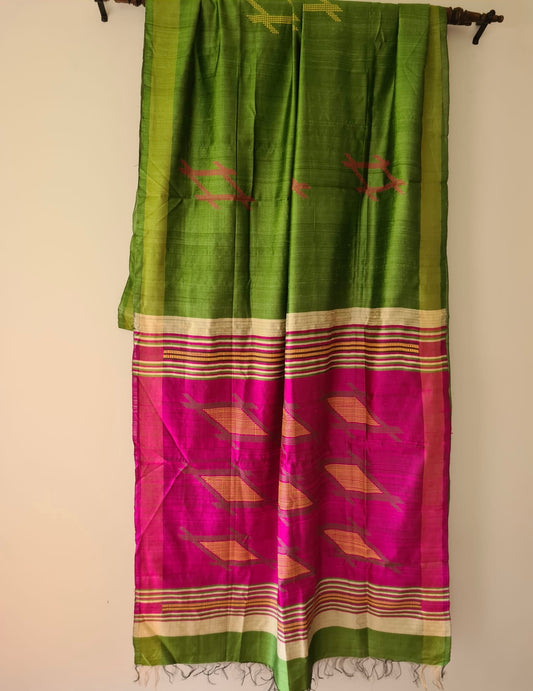 Handwoven Dupion Raw silk saree in green | SILK MARK Certified