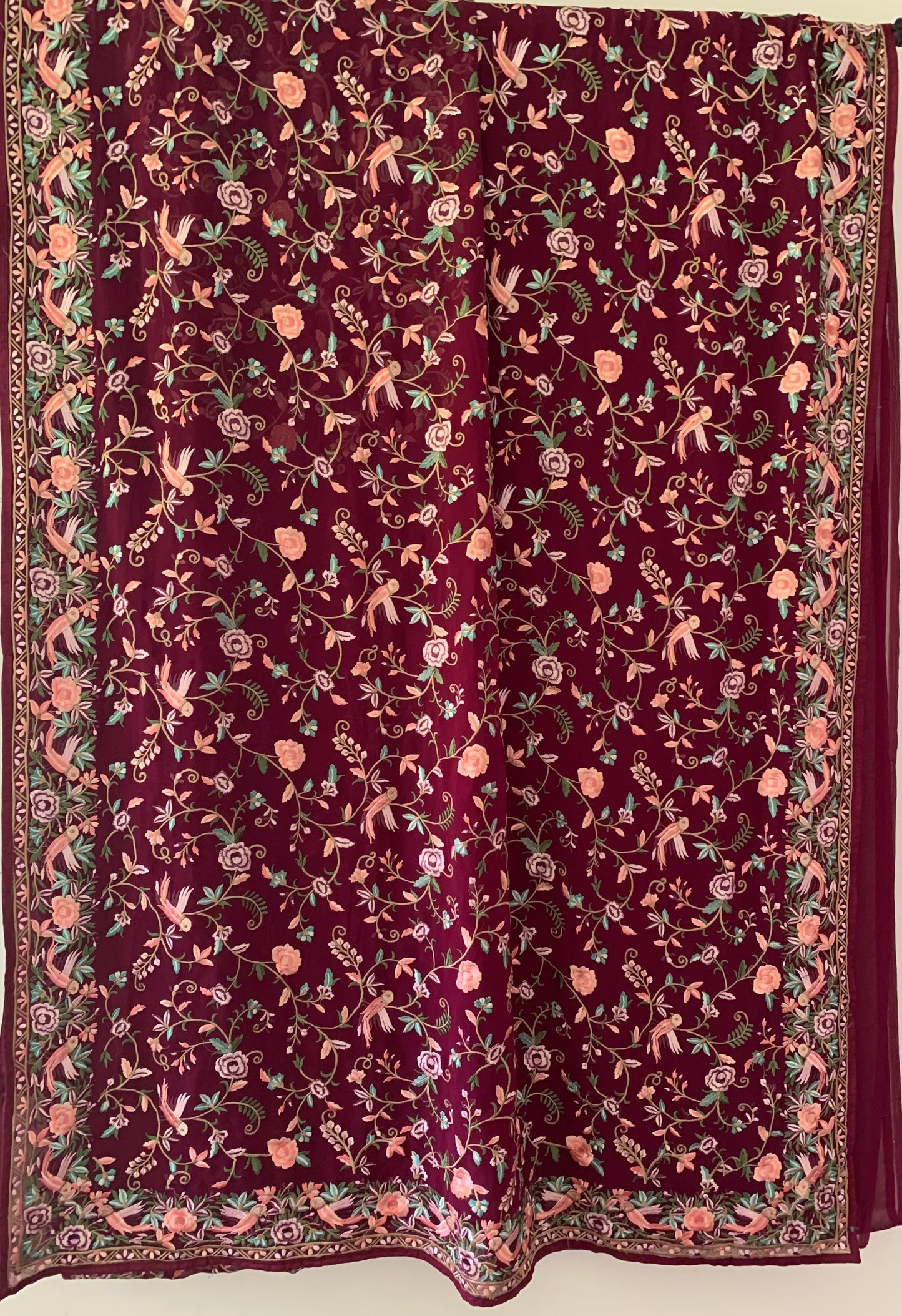 Parsi Gara inspired embroidery saree in Maroon