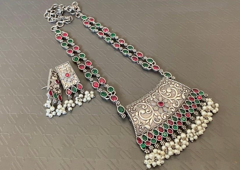 German silver long necklace with semi precious stones