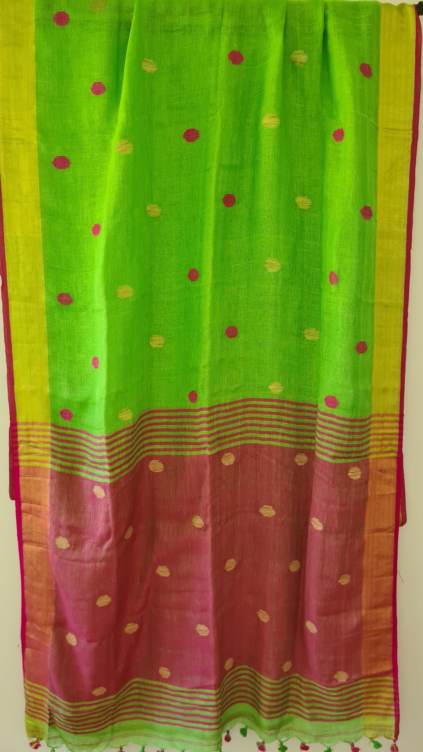 HANDWOVEN Linen by Linen in Green with Pink border