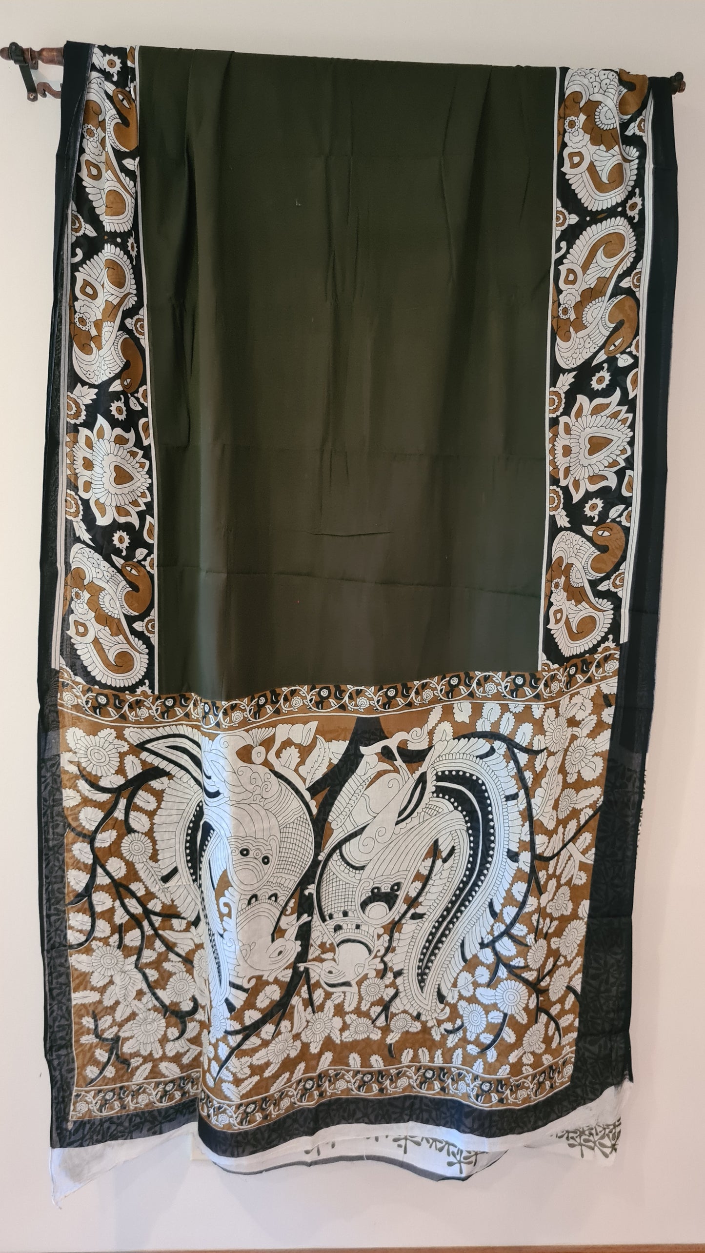 HANDWOVEN mul mul cotton – Olive Green with Kalamkari prints