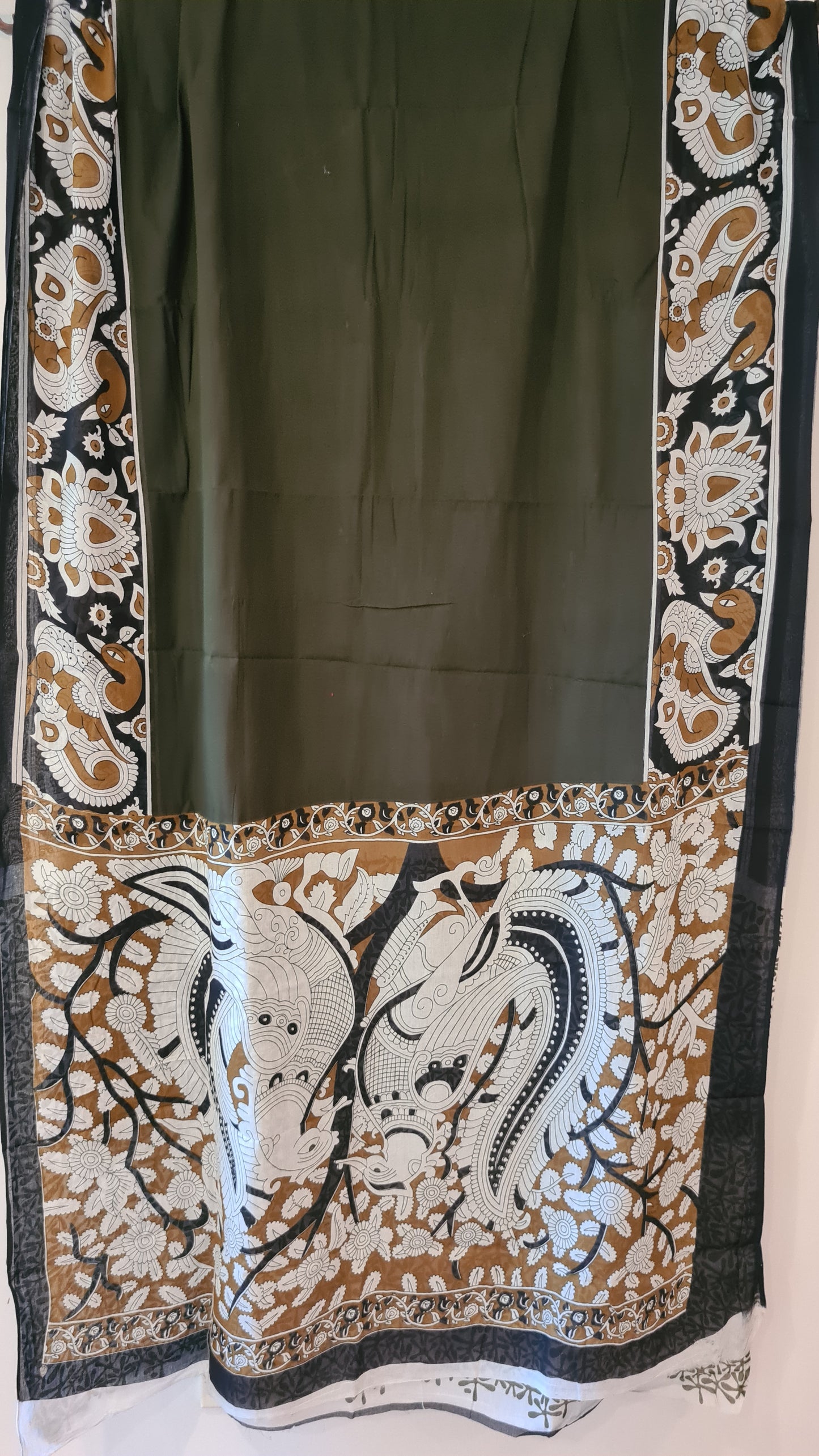 HANDWOVEN mul mul cotton – Olive Green with Kalamkari prints