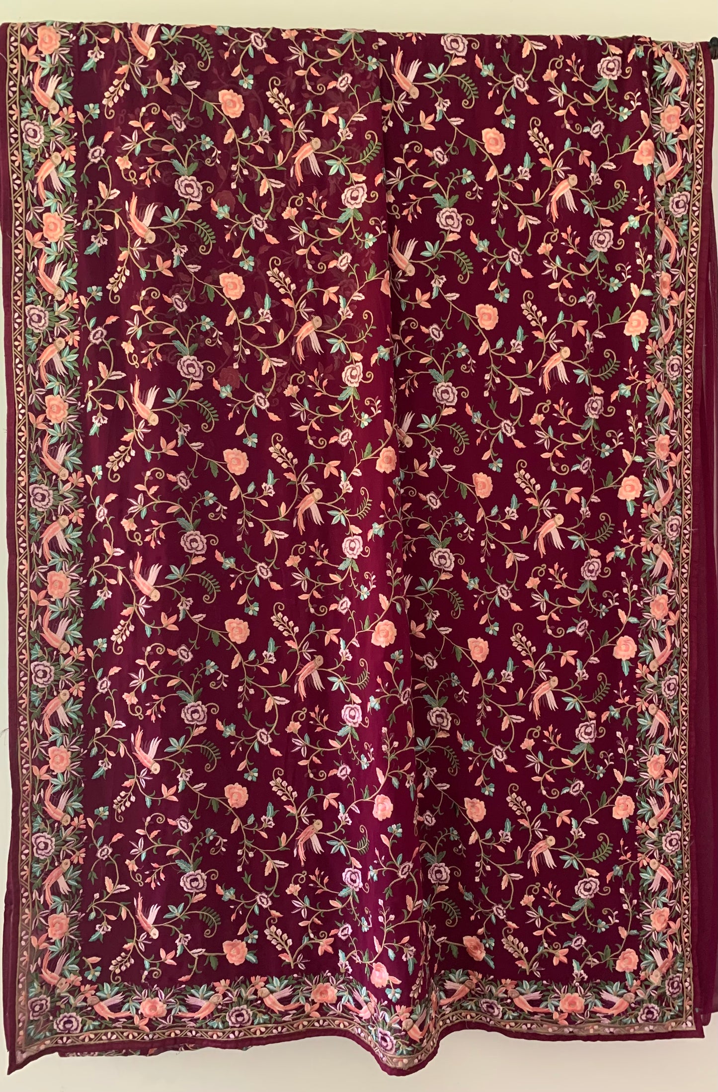 Parsi Gara inspired embroidery saree in Maroon