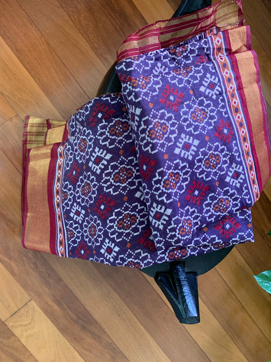 HANDWOVEN purple Silk cotton with red border