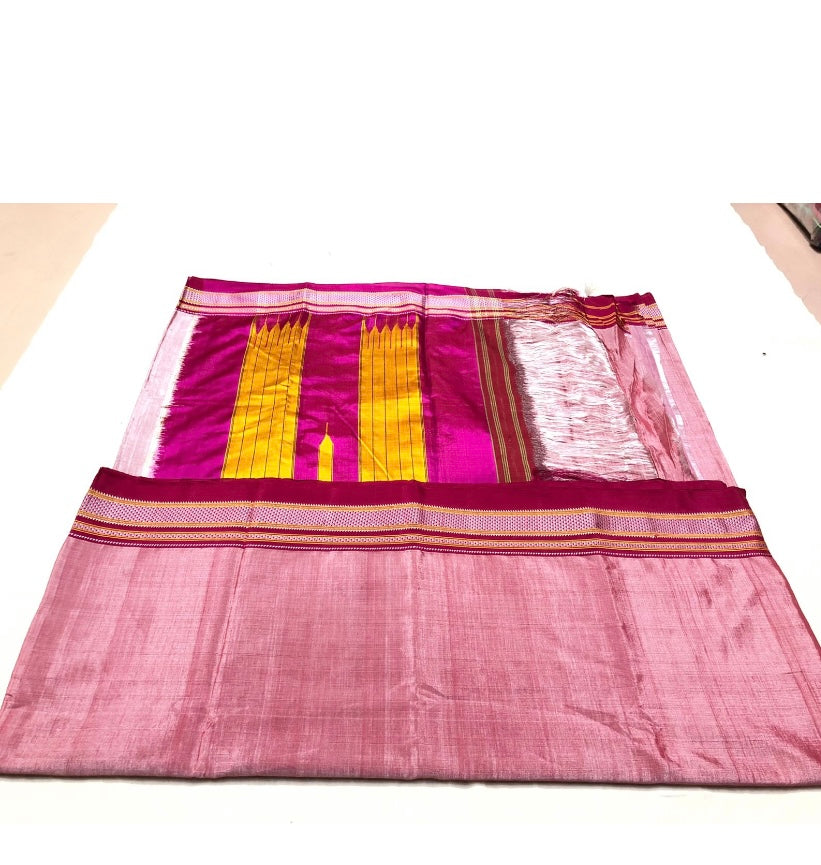 Handwoven Ilkal Saree in Strawberry Pink with Red silk Pallu & border