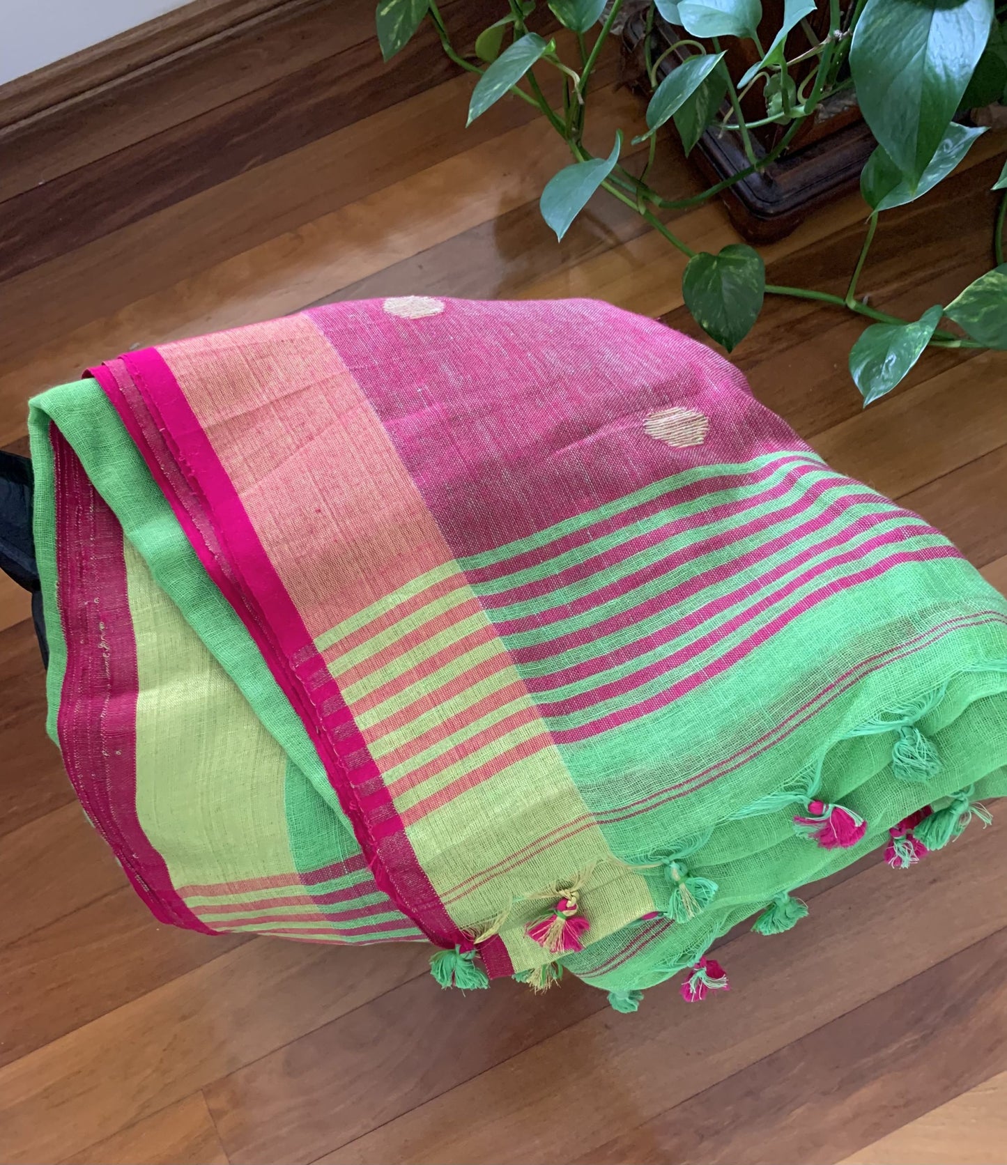 Linen by Linen in Green with Pink border