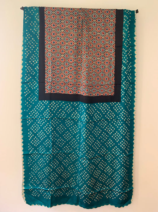 Ajrak Body with Rama Green Bandhani Pallu & Blouse