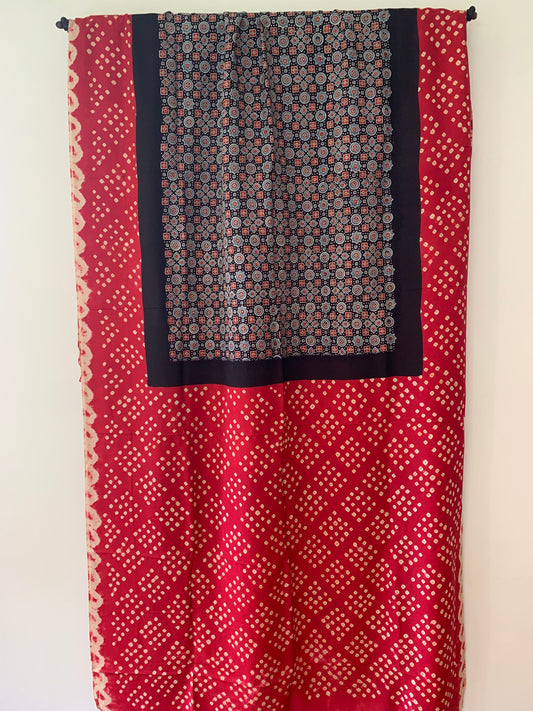 Ajrak Body with Red Bandhani Pallu & Blouse