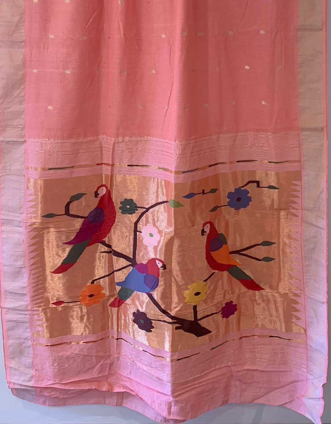 Baby Pink Handloom Cotton Paithani with Parrots pallu