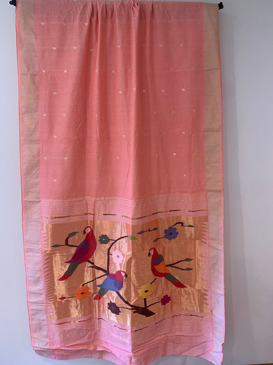 Baby Pink Handloom Cotton Paithani with Parrots pallu