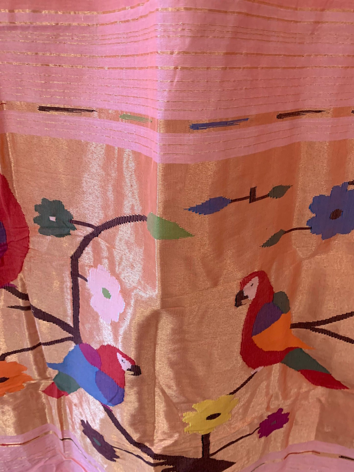 Baby Pink Handloom Cotton Paithani with Parrots pallu