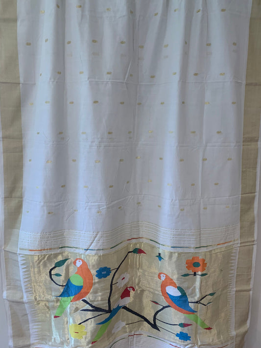 White Handloom Cotton Paithani with Parrots pallu