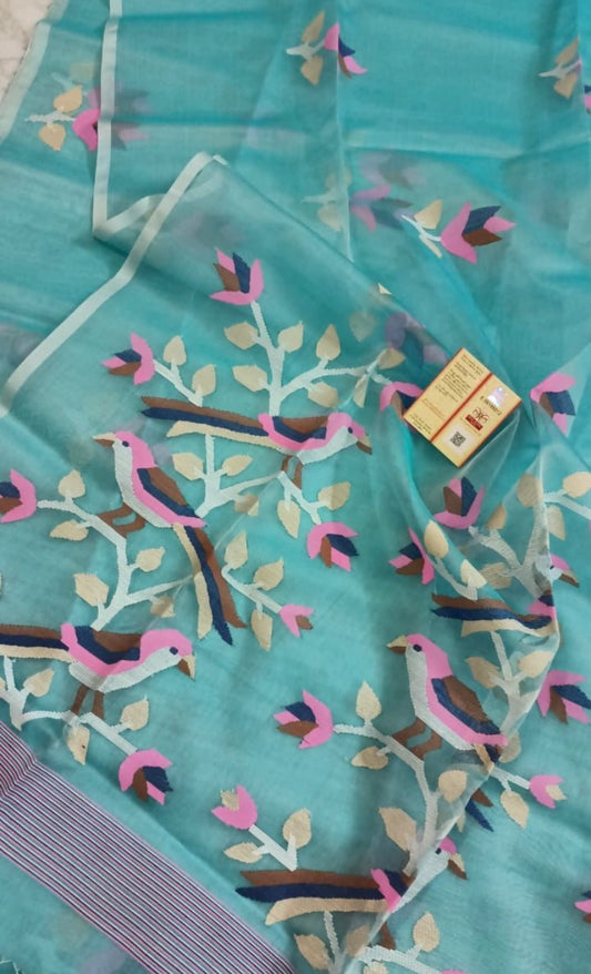 HANDWOVEN pure muslin silk Jamdani in Blue| SILK mark certified
