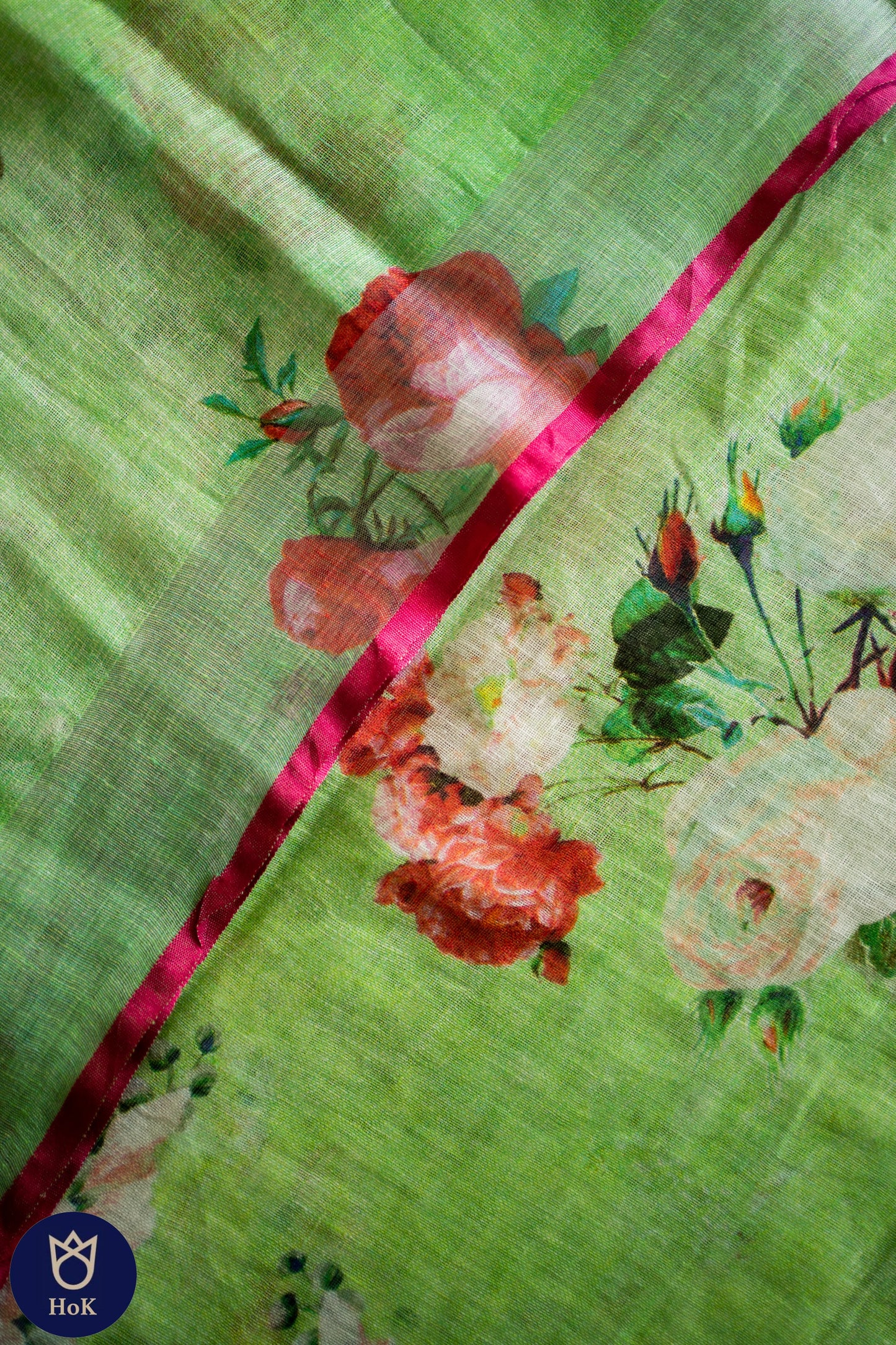 HANDWOVEN green floral Linen Saree