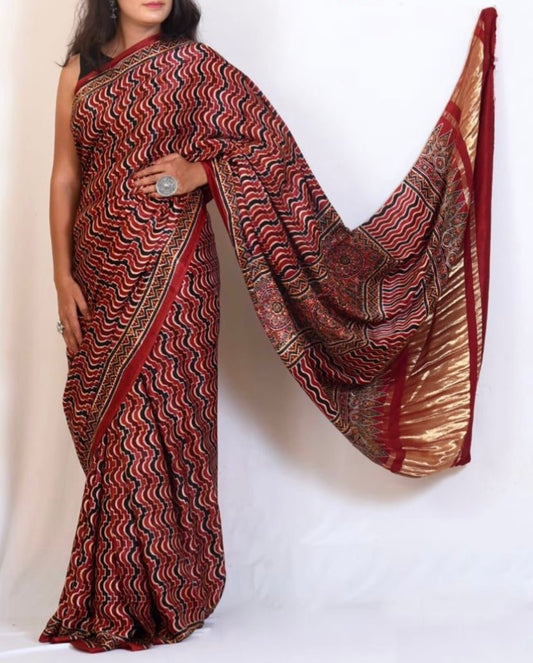 HANDWOVEN Maroon modal silk with Ajrak prints
