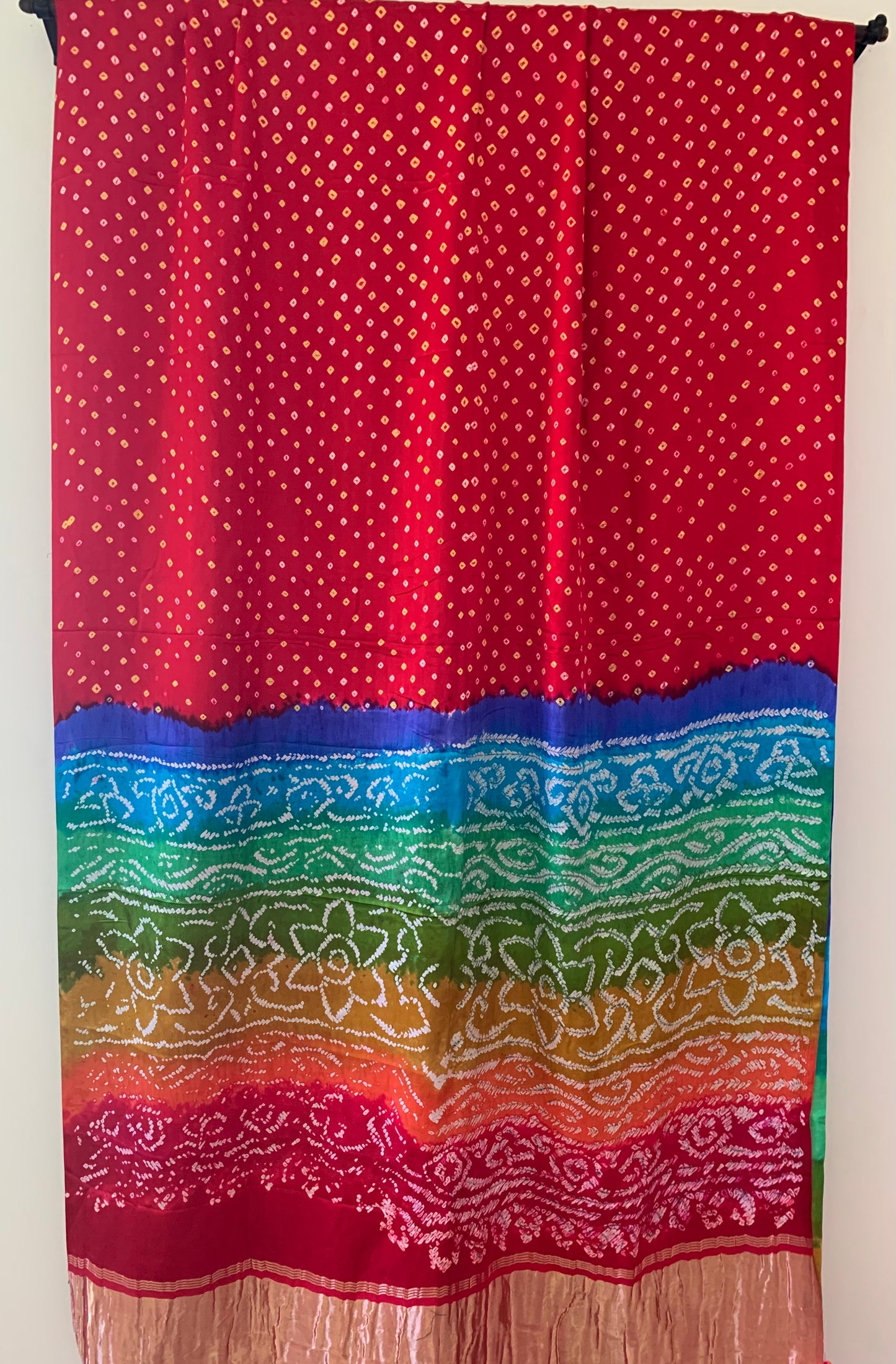 HANDWOVEN RED Gajji silk with rainbow Pallu