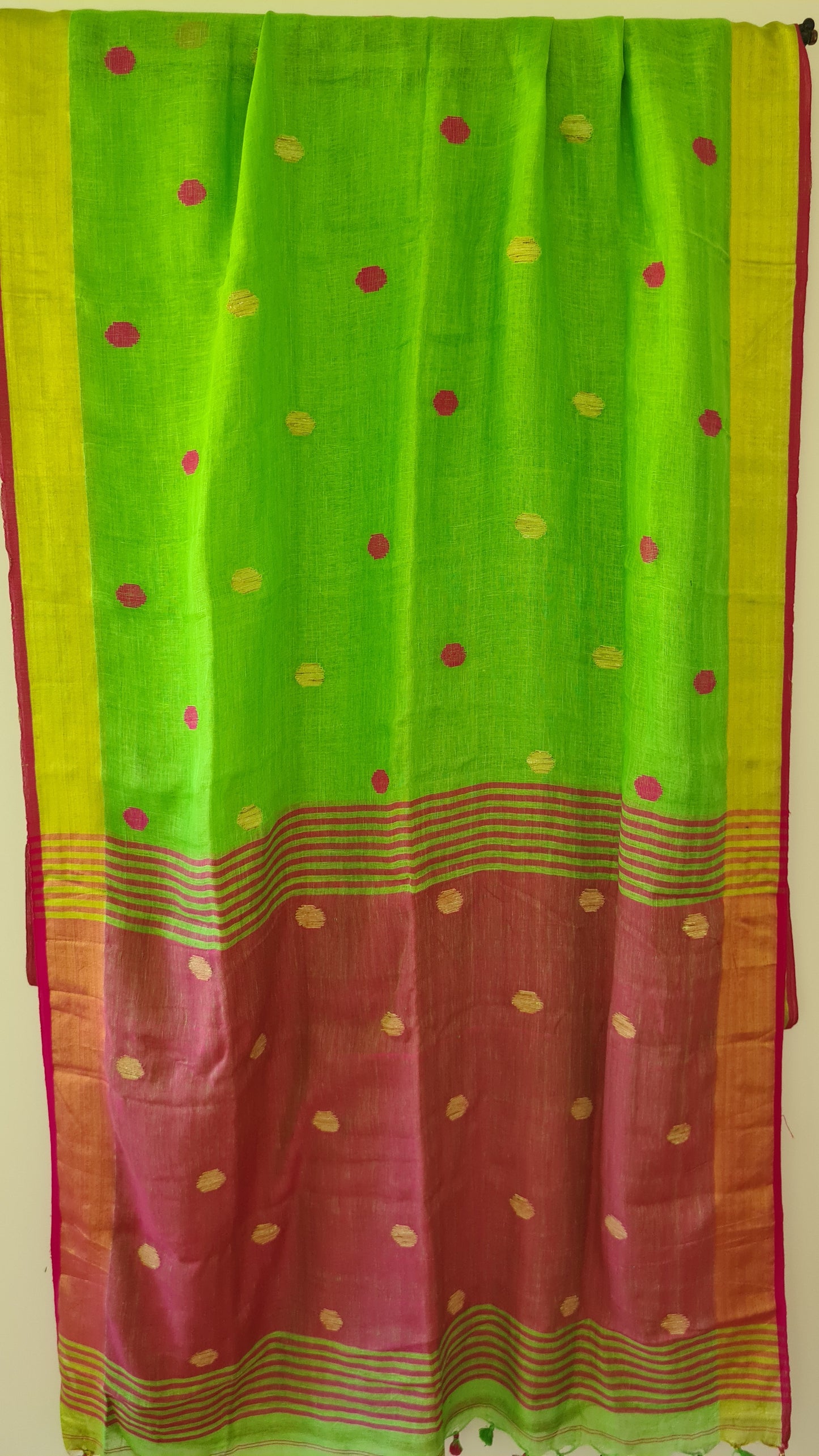 HANDWOVEN Linen by Linen in  Green with Pink border