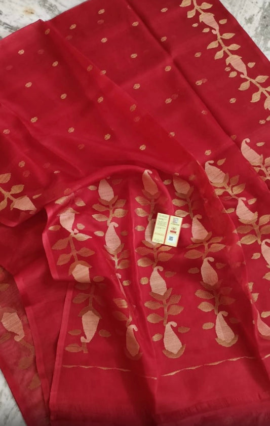 HANDWOVEN pure muslin silk Jamdani in RED | SILK mark certified