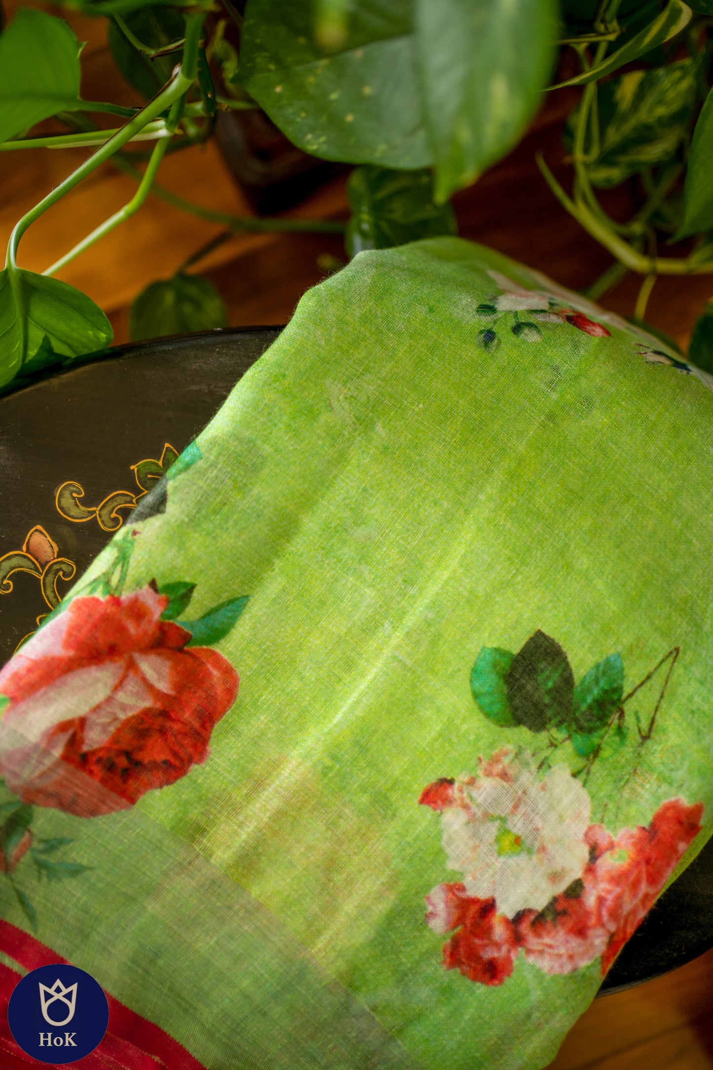 HANDWOVEN green floral Linen Saree