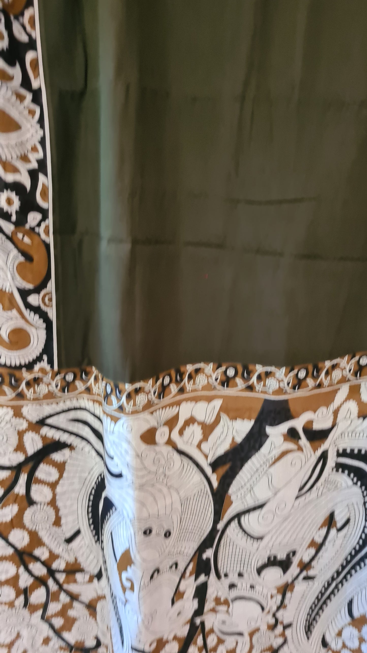 HANDWOVEN mul mul cotton – Olive Green with Kalamkari prints