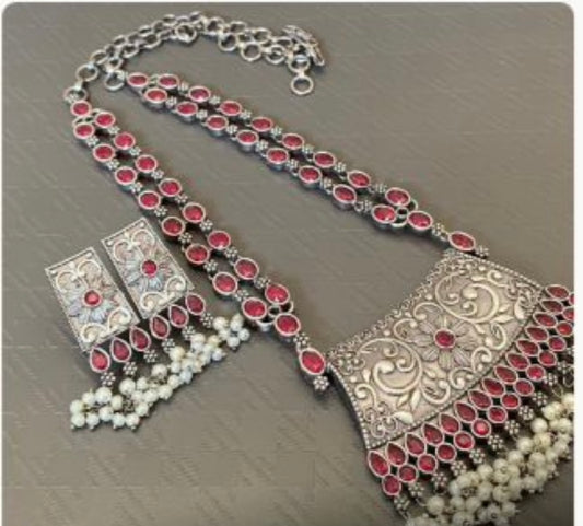 German silver long necklace with semi precious stones