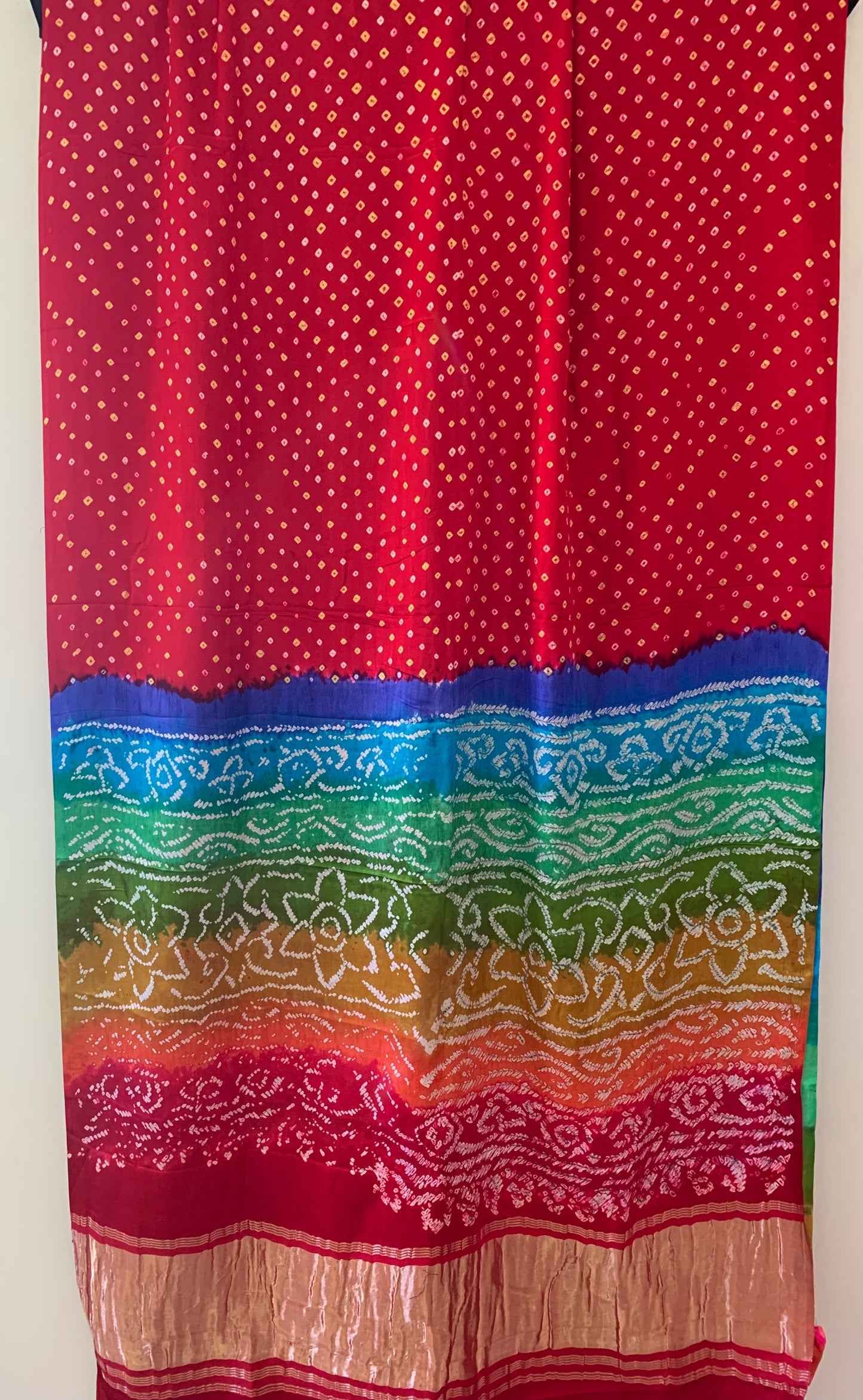 HANDWOVEN RED Gajji silk with rainbow Pallu