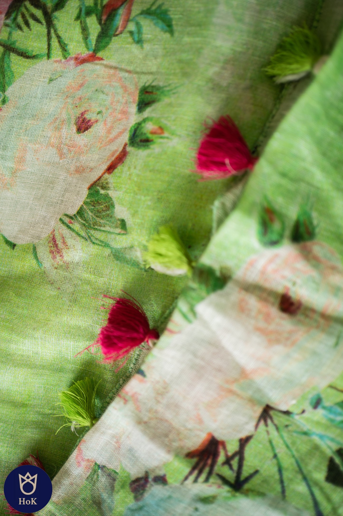 HANDWOVEN green floral Linen Saree