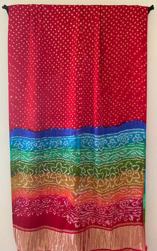 HANDWOVEN RED Gajji silk with rainbow Pallu