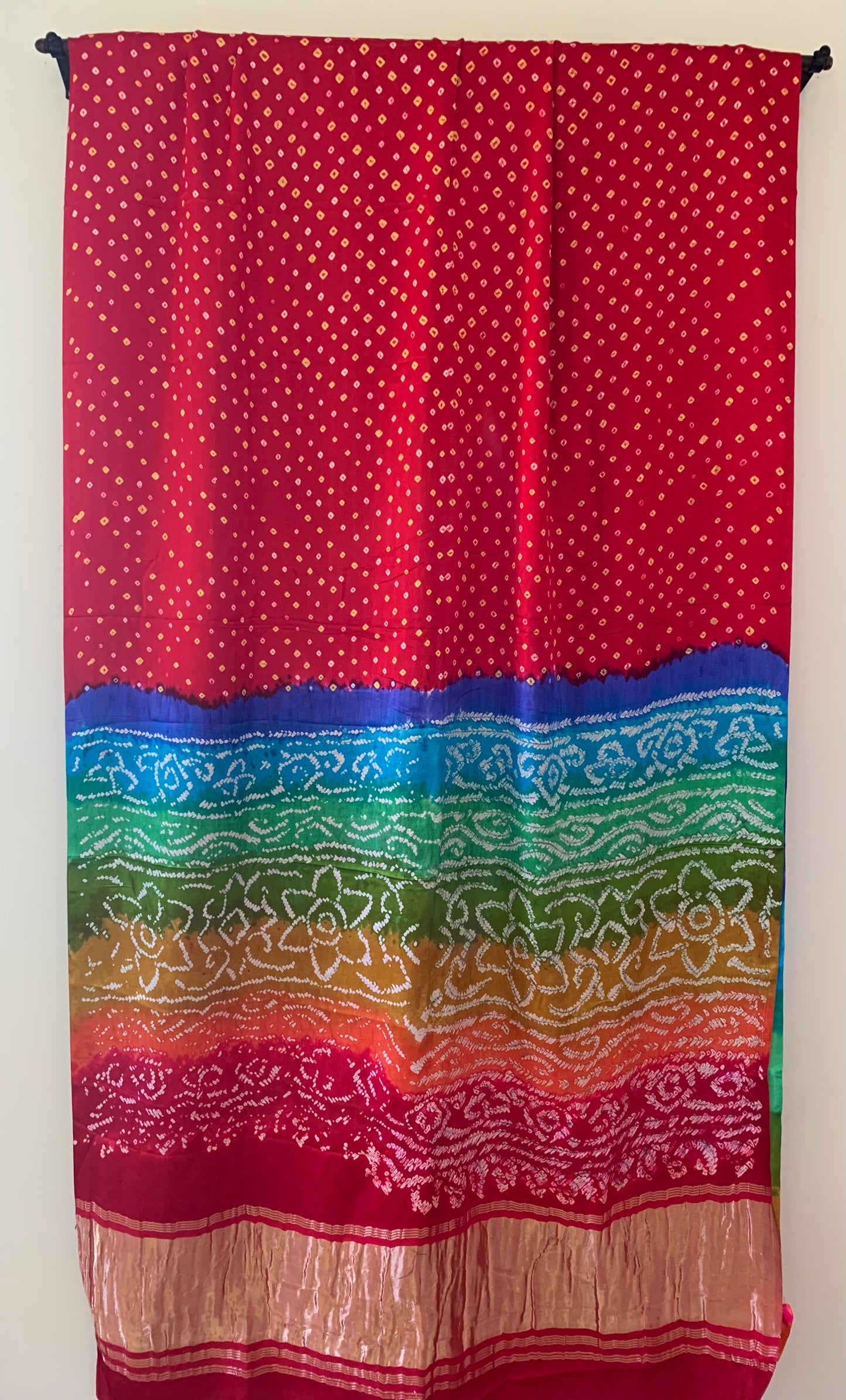 HANDWOVEN RED Gajji silk with rainbow Pallu