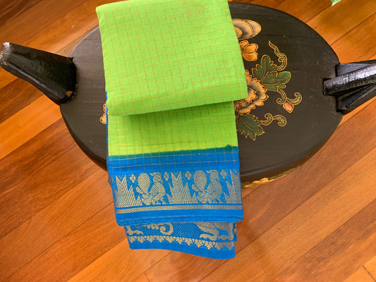 HANDWOVEN Sungudi cotton in green with blue border